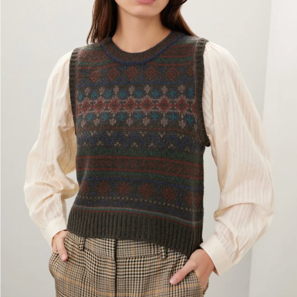 Sea New York Finja Top In Brown Cream Knit Sweater Vest Long Sleeve Fair Isle Ny